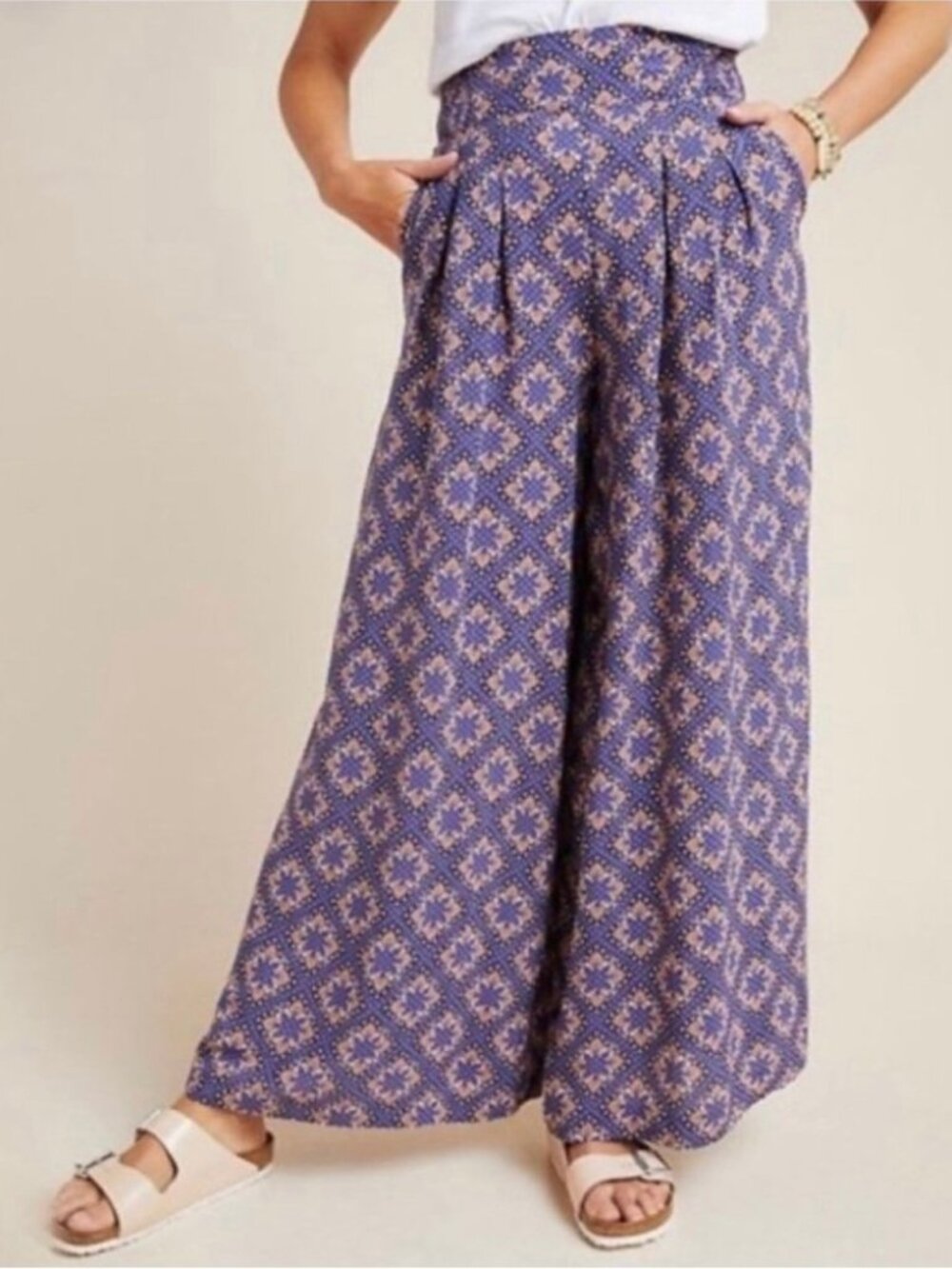 Maeve Lavender and Cream Geometric Wide-Leg Pants